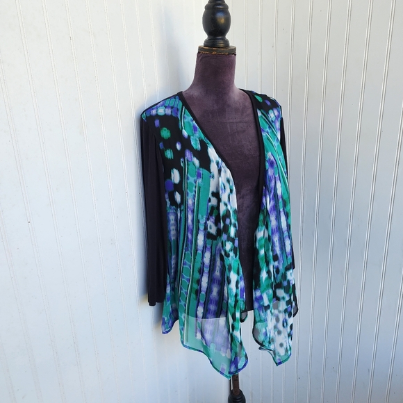 Chico's Easywear Jacket Sz 2 Black White Green  Open Front Sheer Cardigan L 12 - Picture 2 of 10